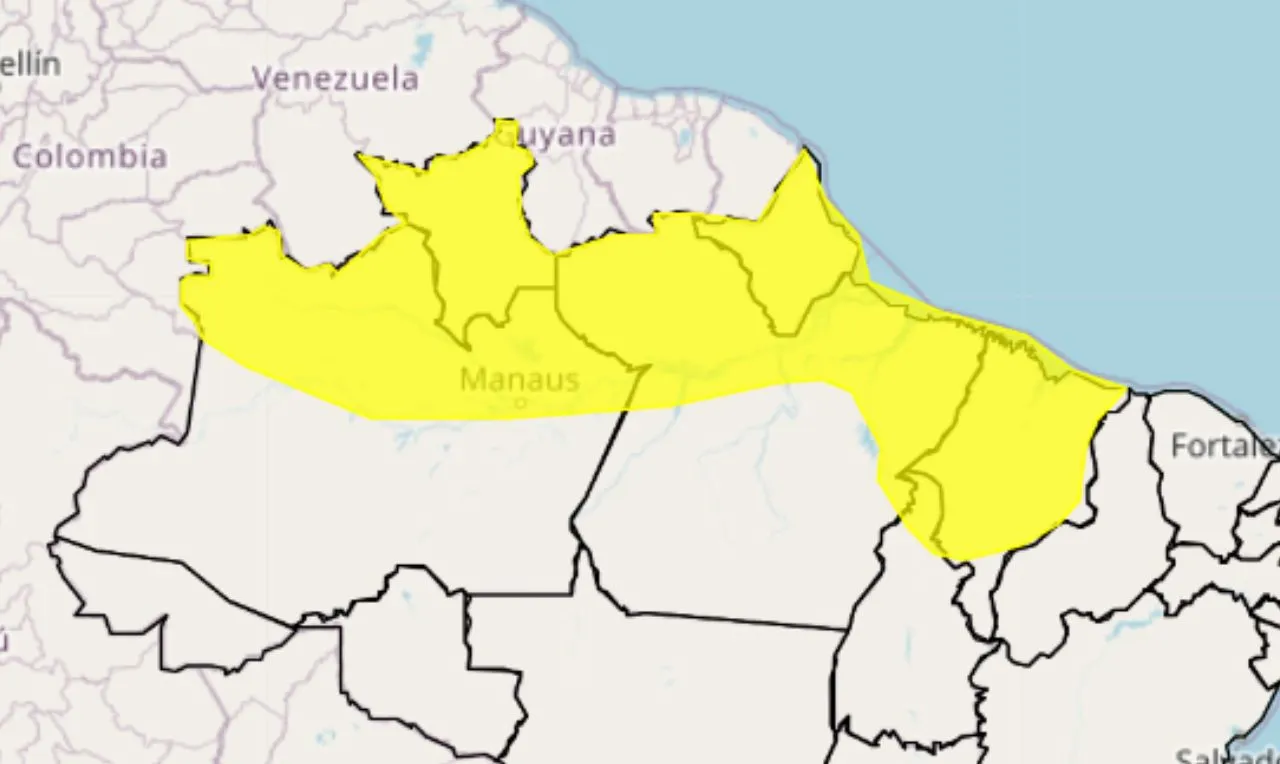 O mapa mostra as área em alerta para chuva intensa